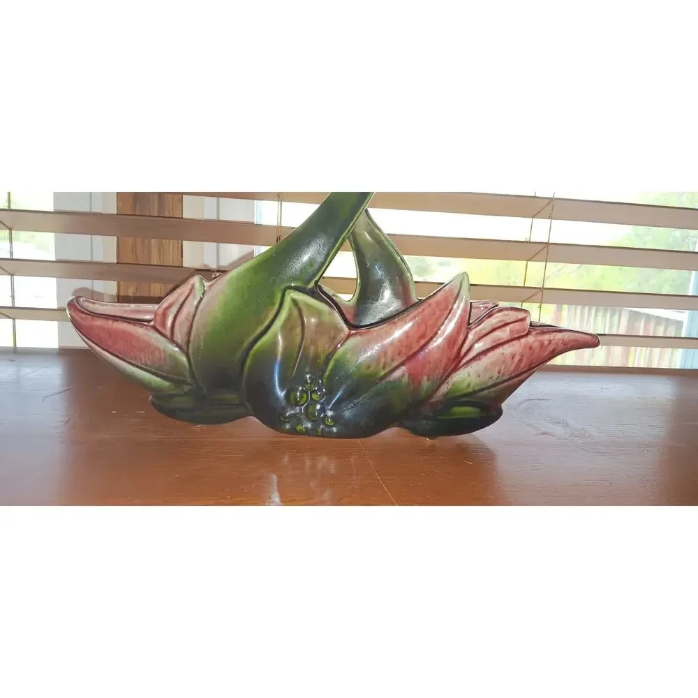Vintage 1950's Hull Pottery Lotus Planter, Shelf Planter, Pink and Green
